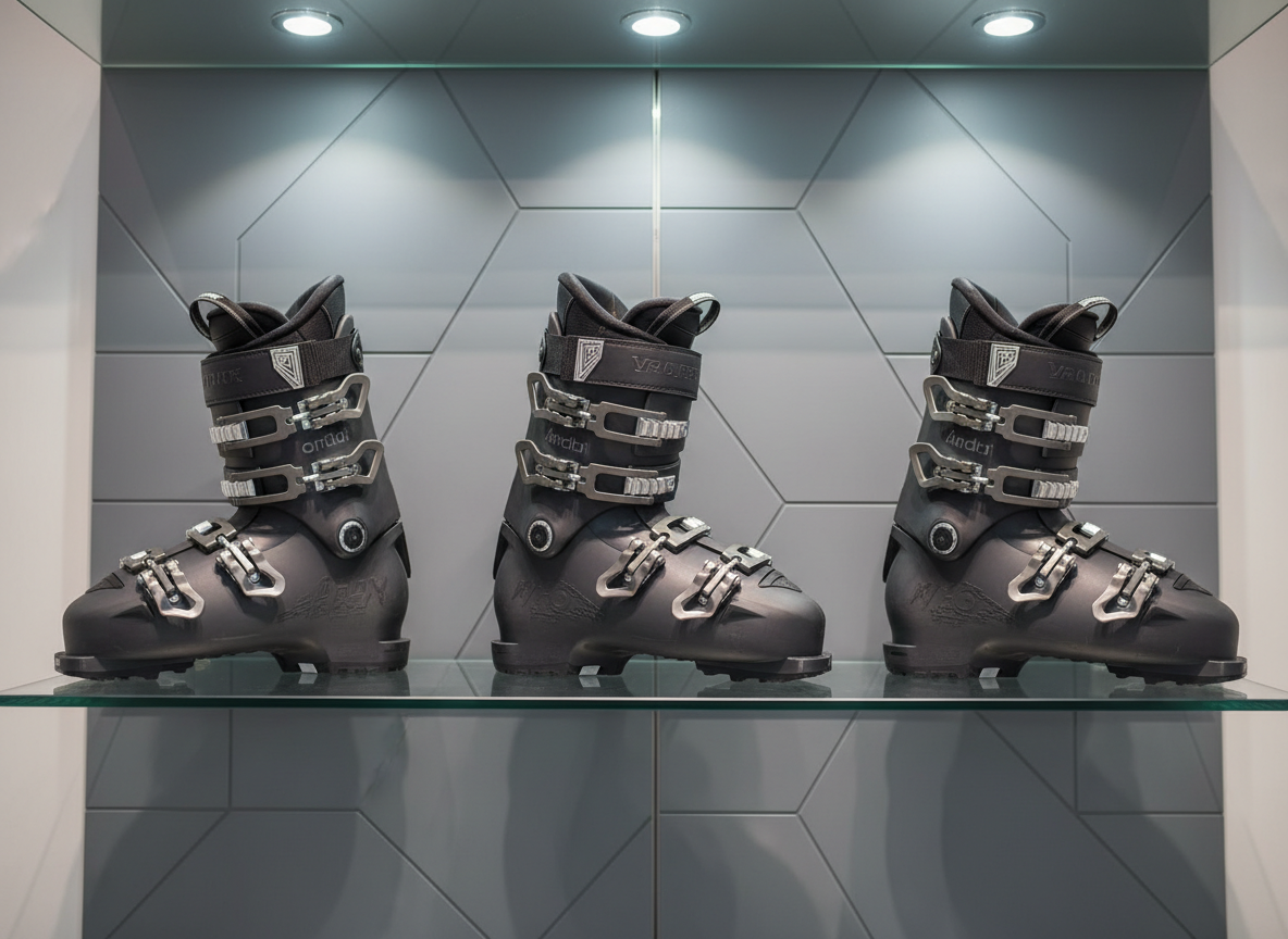A close-up, detailed shot of a selection of high-quality ski boots with matte-finish, neutral gray and black shells, precision buckles, and textured rubber soles, neatly arranged on a modern, floating glass shelf. The backdrop features a subdued, structured wall with geometric paneling, maintaining a sense of order and professionalism. Subtle, cool-toned spotlighting illuminates the boots, creating defined but soft-edged reflections and bringing out surface materials. The mood is composed and professional, suitable for a corporate, high-end retail site. Captured from a slightly elevated angle, utilizing the rule of thirds, the image accentuates every detail in photographic realism with a clean, modern aesthetic.