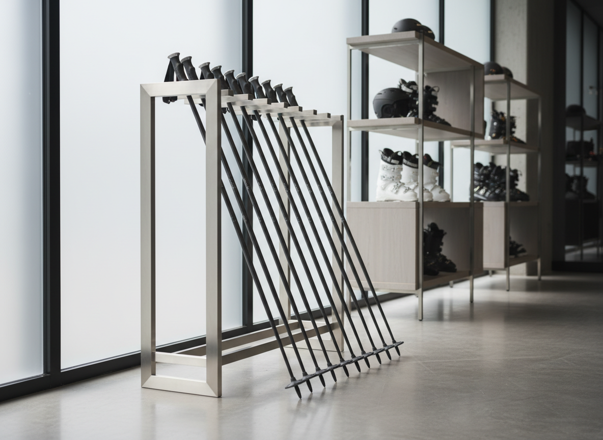 A curated display of elegant, carbon-fiber ski poles accented with subdued silver and charcoal tones, resting diagonally against a precision-machined metal rack in a modern retail space. The backdrop comprises frosted glass panels and neatly organized neutral shelves, reinforcing a sense of structure and quality. Indirect, ambient daylight floods the space, creating soft highlights on the poles and delicate, elongated shadows below. The mood is quietly sophisticated and inspires confidence in product craftsmanship. Photographed from a side angle with moderate depth of field, the composition uses negative space for a minimalist and corporate visual effect, capturing the refined essence appropriate for an upscale ski equipment store.